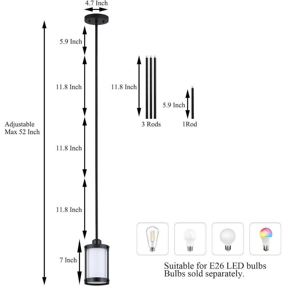 Black Mini Pendant Light with Milk Glass Shade, E26 - Picture 2 of 3